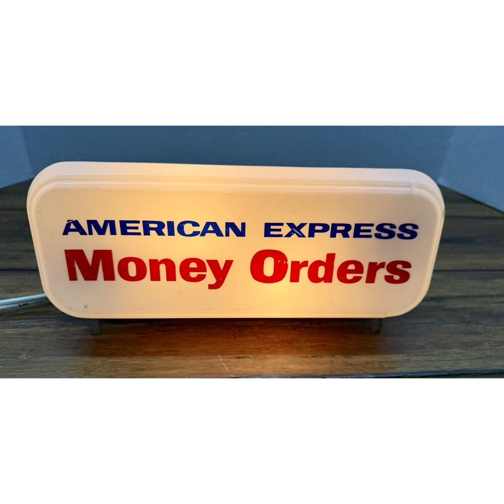 Vintage 1950s American Express Money Order Sign Light Plastic Metal Display